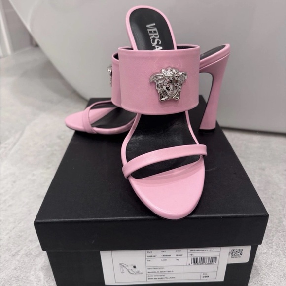 Versace Pink Leather Medusa Slide Mules - Picture 2 of 5